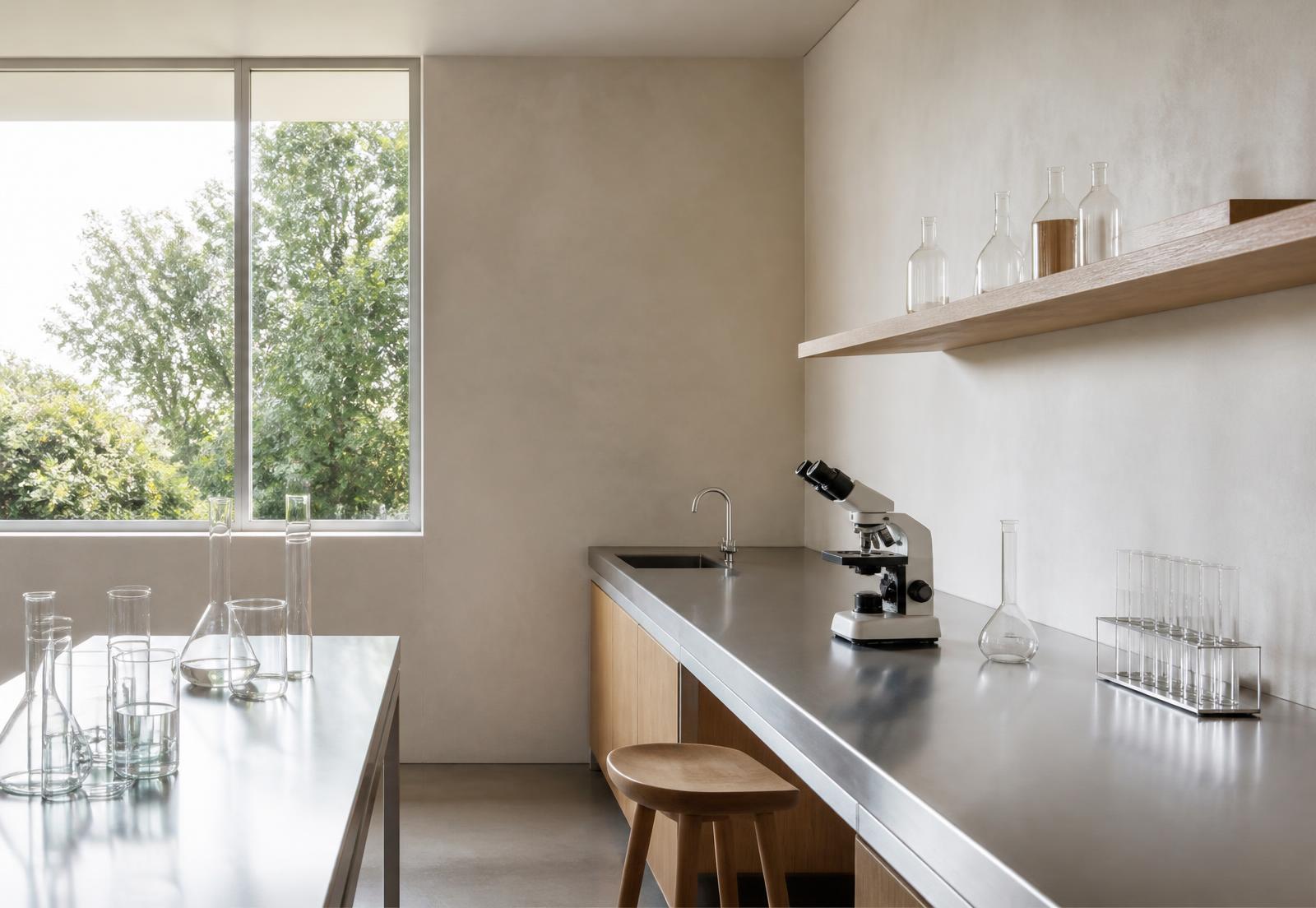 Wnętrze nowoczesnego, minimalistycznego laboratorium — wizualizacja poglądowa